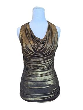 Express Metallic Gold Ruched Cowl Neck Top Size Small Sleeveless Stretch Blouse